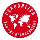 Text: "PERSÖNLICH VOR ORT RECHERCHIERT". Rotes Logo mit Weltkarte in Weiß.