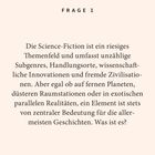 "Frage 1: Die Science-Fiction ist ein riesiges Themenfeld... Was ist es?" Schwarzer Text auf beigem Hintergrund.
