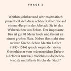 **Frage 1:** Beschreibung einer majestätischen Kathedrale in Erfurt, 81 Meter hoch, Wahrzeichen der Stadt.