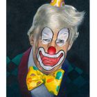 Text: "UNGELÖSTES RÄTSEL: EIN PRÄSIDENT IN DER MASKE EINES CLOWNS ODER EIN CLOWN IN DER MASKE EINES PRÄSIDENTEN?"  
Illustration eines Mannes als Clown.