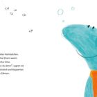 Text: „Es war einmal ein liebes Haimädchen.“ Illustration: Ein lächelnder, blauer Hai mit orangefarbenem Lätzchen.