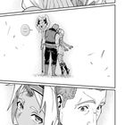"....." Zwei Figuren umarmen sich; eine hält einen Stab. Ein Mädchen mit geschlossenen Augen scheint verlegen. Manga-Stil.