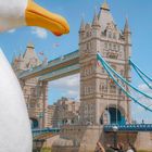 Eine riesige, überdimensionale Möwe steht nah an einer berühmten Brücke. Menschen spazieren im Vordergrund.