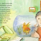 Text berichtet von Rudolf Lunkenbein und seinem Goldfisch Jona. Ein Junge betrachtet einen Goldfisch in einem Glas.