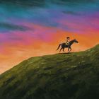 Illustration eines Reiters auf einem Hügel im Sonnenuntergang, Schafe stehen nahebei. Dramatisch bunter Himmel.