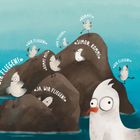 Mehrere Vögel rufen: „Wir fliegen!“, „Kommt!“, „Simon, komm!“. Zeichnung von Möwen auf Felsen im Meer.