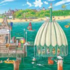 "Vineta-Brücke Ostseebad Zinnowitz" auf einem Schild. Pier mit Menschen, Badegäste im Wasser. Illustrative, lebendige Szene.