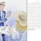 Ein Mann im Anzug steht mit Smartphone, überrascht am Tisch. Eine Frau mit Hut und lockigem Haar hält eine Tasse.