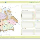 Eine Bayernkarte mit Kategorien: Nachbarstaaten, Nachbarbundesländer, Regierungsbezirke, Flüsse, Seen, Gebirge, Sehenswürdigkeiten.