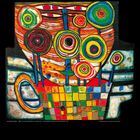 Illustration: "DAS SINGDADA WÄCHST IM BLUMENTOPF", buntes, abstraktes Design mit konzentrischen Kreisen und rechteckigen Mustern.