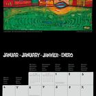 JANUAR, JANUARY, JANVIER, ENERO. Oben Gemälde mit Gesicht und bunten Häusern, unten ein Kalendarium.