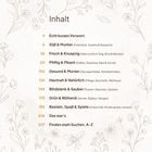 Inhalt, mit Kapiteln wie Süß & Munter und Blitzblank & Sauber. Blumenmuster im Hintergrund.