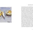 „DER STILLE DIALOG“ und ein Zitat über Avocado, Weintrauben und Physalis. Links eine Aquarell-Illustration von Früchten.