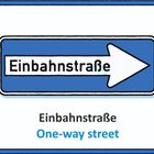 Einbahnstraße, One-way street. Illustration: Schild mit Pfeil nach rechts auf blauem Hintergrund.