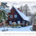 Text: "Burg, Ferienhof Liersch", "Januar", Kalendarium unten. Winterliche Landschaft mit verschneitem Holzhaus und Garten.