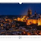 Kalenderblatt mit der Aufschrift "Albrechtsburg Meissen". Winterliche Stadtansicht bei Nacht mit beleuchteter Burg.