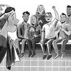 Keine Texte im Bild. Eine Illustration zeigt eine Gruppe lächelnder Menschen, die auf einer Bank sitzen und jemandem im Vordergrund zusehen.