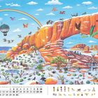Kalendarblatt "1 Januar". Landschaft mit riesigem Felsenbogen, vielen Tieren, Heißluftballons, Regenbogen und Tipis.