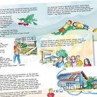 Texte handeln von Schulferien und Gartenpflege. Illustrationen zeigen Kinder im Freien und ein Haus mit Solarpanelen.