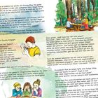 Textausschnitt beschreibt einen Schulausflug in den Wald, bei dem Kinder Essen vergleichen. Illustrationen zeigen Szenen im Wald und am Tisch.