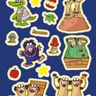 Illustration mit vielen bunten Figuren: Tiere, Früchte, Sterne; darunter Krokodil, Meerkatzen und Pilze auf blauem Hintergrund.