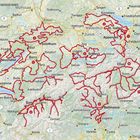 "Motourbook Schweiz Übersichtskarte." Eine Karte der Schweiz mit roten Routen und verschiedenen Städtenamen.