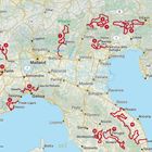 Kartenüberschrift „ÜBERSICHTSKARTE“, zeigt Norditalien mit markierten Wegen und Städten wie Turin, Genua, Perugia.