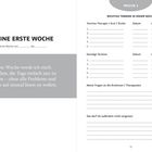 Texte: "MEINE ERSTE WOCHE", "Diese Woche werde ich...", "WICHTIGE TERMINE IN DIESER WOCHE". Links: grauer Bereich, rechts: Linien für Einträge.