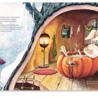 Eine Illustration zeigt einen Hasen in einer Höhle, der entspannt in einem Kürbis sitzt und Tee trinkt. Ein Text beschreibt seine Gedanken über Kekse und das Backen eines Kuchens.