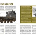 Titel: VOM KLEINTRAKTOR ZUM LEOPARD. Text über deutsche Panzer-Prototypen mit Bild eines kleinen Panzers und eines Geschützes.