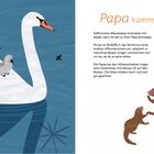 "Papa kümmert sich um alles!" Zwei Illustrationen: Links ein Schwan mit Küken, rechts Mangusten. Text beschreibt Fürsorgeverhalten.
