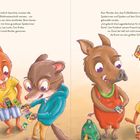 Links: "In der Schule, die Fuchs Friedrich besuchte...". Rechts: "Kein Wunder also, dass Fußballkarten...". Illustration von fröhlichen Tieren mit Sammelkarten.