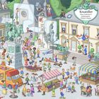 „Knuedler, Place Guillaume II, Wilhelmsplatz, William II Square“. Lebendige Szene mit vielen Menschen, Statuen und Marktständen.