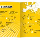 "Die Strecken: Acht Rennwochenenden stehen 2025 im Kalender." Gelber Hintergrund mit Streckenskizzen und Europakarte.