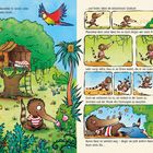 Ein Nasenbär erforscht mit seiner langen Nase den Dschungel. Er trägt ein gestreiftes Shirt und lauscht der Musik der Natur.