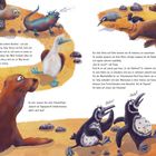 Ein Treffen von Tieren auf sandigem Boden. Seehunde, Pinguine, Echsen und ein Tölpel schauen interessiert zu. Texte beschreiben das Geschehen.