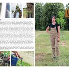 „Vivian – Die Walnussmeisterin“. Text über den Anbau von Walnüssen in Deutschland. Frau in Arbeitskleidung steht auf Feld.