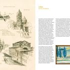 Texte: 
- "Leben Erwin Schleich"
- "NATIONALMUSEUM"
- "ST. ANNA"
- "RATHAUS"
- "NATIONAL-THEATER"
- "MÜNCHNER SILHOUETTEN, GESEHEN VOM DACH DES HAUSES, IN DEM ICH WOHNE"

Zeichnung mehrerer Münchner Gebäude. 
Rechter Bereich: Text über Erwin Schleich. Unten: Aquarellbild.