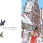 Text: "Habt guten Abend, alt und jung, bin allen wohl bekannt genug." Links drei Vögel, rechts Mann im roten Mantel in schneebedeckter Stadt.