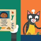 Links eine gezeichnete Rezeptseite: "Man nehme: 1 Zwiebel, 3 Kartoffeln, 2 Karotten, 1 Lauch, 1 Bund Mäuse." Rechts eine kochende Katze mit Zutaten.