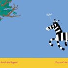 "Fröhlich trabt Zebra durch die Gegend. Pass auf, ein Baum!" Ein Zebra läuft fröhlich, ein Baum und die Sonne im Hintergrund.