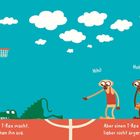 Text: „Egal, was der T-Rex macht, die Affen lachen ihn aus. Aber einen T-Rex sollte man lieber nicht ärgern ...“

Illustration: Ein T-Rex liegt auf einem Basketballplatz, während drei Affen lachen.