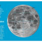 Mondkarte: Meere und Krater aufgelistet mit Koordinaten. Besondere Orte: Apollo-Missionen und Falls von Ranger 7 markiert.