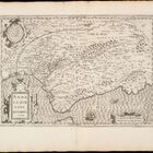 Eine antike Karte mit der Überschrift "ANDA-LUZIAE NOVA DESCRIPT". Küstenlinien, Flüsse und Berge sind detailliert eingezeichnet.