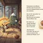 Text: Gedicht über einen sonnigen Morgen in den Bergen mit einem Nussabenteuer. Illustration mit animierten Figuren: eine Sonne mit Bandana und ein Berg mit Wanderstock, die auf einer Holzhütte stehen. Nüsse rollen herum.