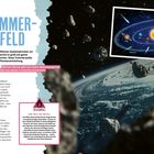 Kosmisches Trümmerfeld, Asteroidengürtel, Asteroiden und Sonne in einer Illustration mit Text über Raumfahrtmissionen.