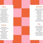 Cookies, Brownies, Sheet Cakes und Bars mit verschiedenen Geschmacksrichtungen. Hintergrund in orange und rosa Karos.