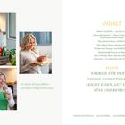 INHALT: Meine Geschichte, „Silent Inflammation“, Rezepte. Bilder zeigen Frau mit Gemüse und Kuchen, trinkt grünen Saft.