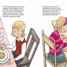 Text über Essen und Unterschiede beim Essen. Illustration: Zwei gedeckte Tische mit Personen und verschiedenen Speisen.