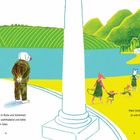 Links unten: „Die Geschichte meines Großvaters begann in Ruhe und Schönheit...“. Rechts: „Mein Großvater lebte still...“.    
Illustration mit einem Hund, Säulen, See, Hügeln und kleinen Gebäuden im Hintergrund. Tiere agieren menschlich.